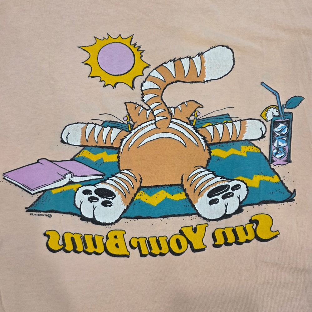 Vintage 80s Miller Sun Your Buns Myrtle Beach Cat TShirt Peach Med Single Stitch - Picture 8 of 9